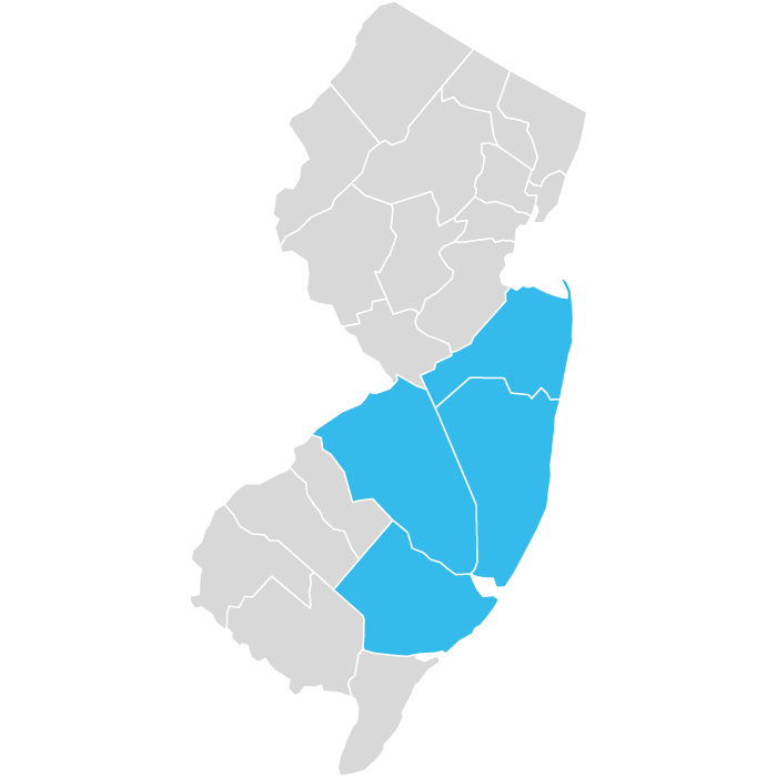 map of New Jersey with central and some southern counties shaded blue