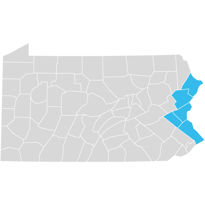 map of Pennsylvania with some eastern counties shaded blue