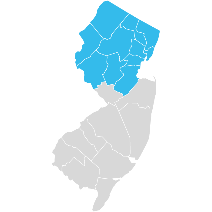 map of New Jersey with northern counties shaded blue