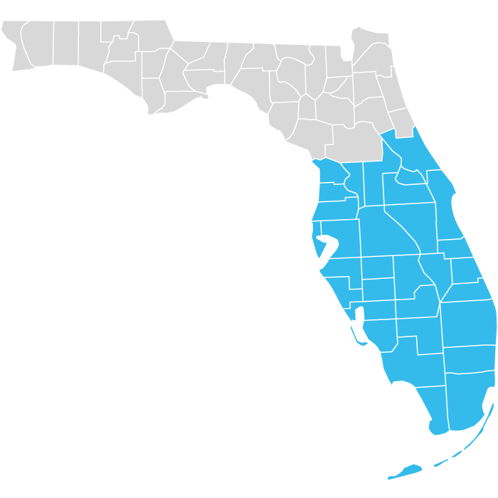map of Florida with mid to southern counties shaded blue