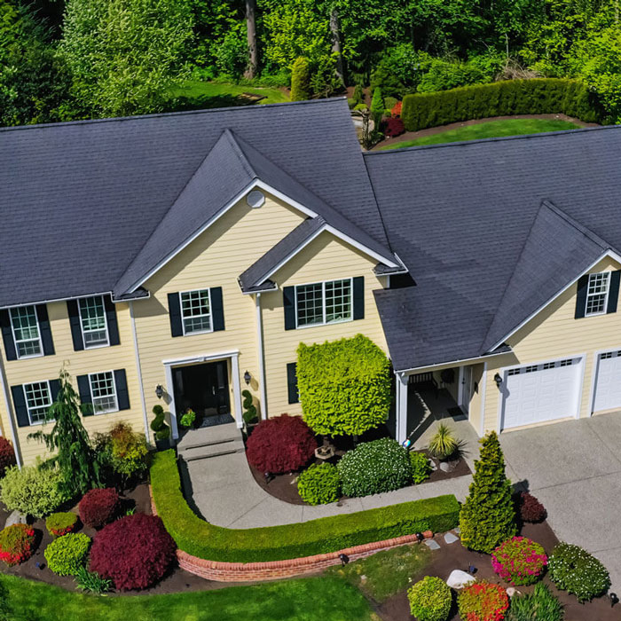 aerial view of home with pale yellow siding